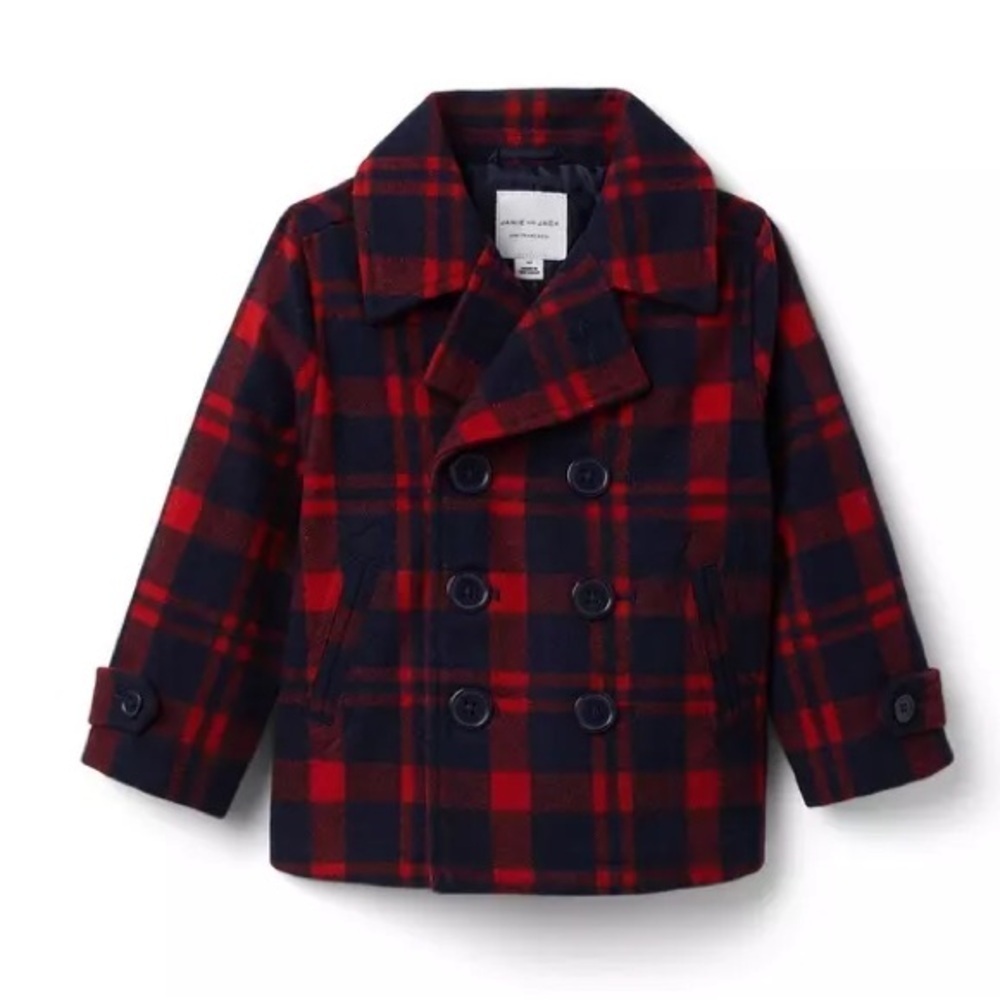 JANIE AND JACK Infant Plaid Wool Blend Coat- Dark Marine Plaid/ Size 12-18M